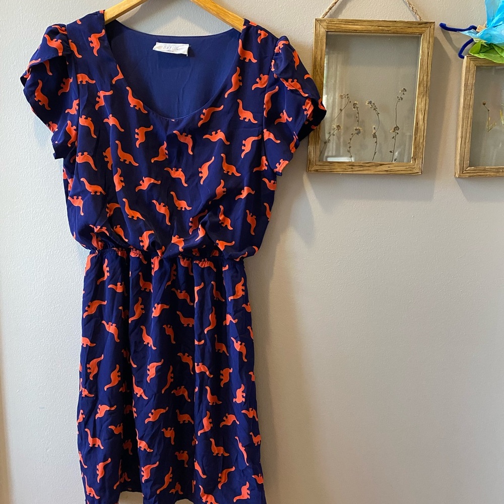 ModCloth Dinosaur Print Mini Dress Navy & Orange Size Medium